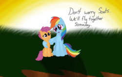 Size: 1024x647 | Tagged: safe, artist:shiverbear, rainbow dash, scootaloo, g4, duo, scootaloo can't fly