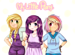 Size: 1024x756 | Tagged: safe, artist:cosmicponye, applejack, rainbow dash, rarity, human, g4, clothes, female, fingerless gloves, gloves, humanized, lesbian, light skin, overalls, rarijackdash, shipping, wink, younger