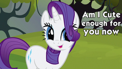 Size: 960x540 | Tagged: safe, rarity, g4, bronybait, caption, cute, female, hair over one eye, looking at you, open mouth, smiling, solo