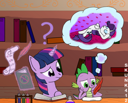 Size: 900x726 | Tagged: safe, artist:skunk412, rarity, spike, twilight sparkle, g4, chemicals, writing