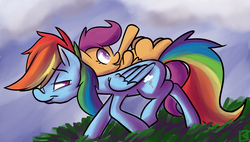 Size: 2100x1192 | Tagged: dead source, safe, artist:fauxsquared, rainbow dash, scootaloo, g4, carrying, on back, ponies riding ponies, riding, scootaloo riding rainbow dash, scootalove