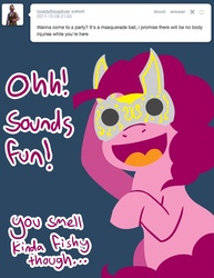 Size: 600x776 | Tagged: dead source, safe, artist:steveholt, pinkie pie, g4, female, mask, pinkie pie answers, solo, tumblr