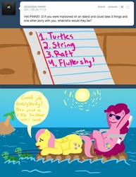 Size: 500x647 | Tagged: safe, artist:steveholt, fluttershy, pinkie pie, turtle, g4, pinkie pie answers, raft, string, sunglasses, tumblr