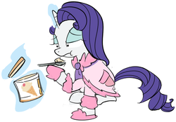Size: 635x441 | Tagged: dead source, safe, artist:bambooharvester, rarity, pony, unicorn, ask rarity, g4, bathrobe, clothes, comfort eating, eating, female, hilarious in hindsight, horn, ice cream, magic, rarity replies, robe, solo