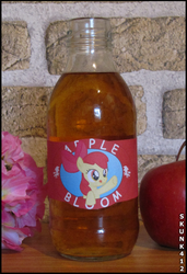 Size: 525x769 | Tagged: dead source, safe, artist:skunk412, apple bloom, g4, apple, apple juice, customized toy, flower, food, irl, juice, photo