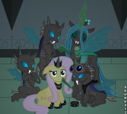Size: 994x895 | Tagged: dead source, safe, artist:skunk412, fluttershy, queen chrysalis, changeling, changeling queen, pegasus, pony, g4, crown, fangs, glowing, glowing horn, horn, jewelry, makeover, regalia