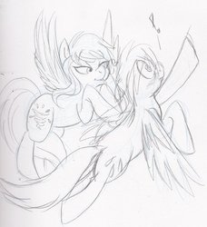 Size: 853x936 | Tagged: dead source, safe, artist:enigmaticfrustration, misty fly, sunshower raindrops, pegasus, pony, g4, blushing, exclamation point, female, heart, lesbian, mistydrops, monochrome, shipping, sketch