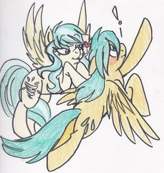 Size: 873x916 | Tagged: dead source, safe, artist:enigmaticfrustration, misty fly, sunshower raindrops, pegasus, pony, g4, blushing, exclamation point, female, heart, lesbian, mistydrops, shipping, traditional art