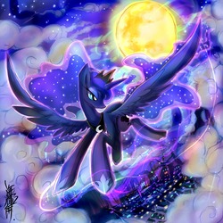 Size: 1000x1000 | Tagged: safe, artist:unakimochi, princess luna, alicorn, pony, g4, city, cloud, ethereal mane, female, flying, hoof shoes, horn, looking down, moon, night, signature, solo, spread wings, stars, vertigo, wings