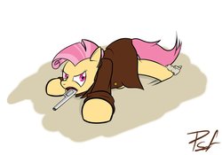 Size: 1069x748 | Tagged: safe, artist:dappercat-uk, candy mane, pony, g4, female, gun, mouth hold, revolver, solo