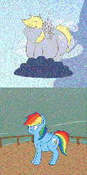 Size: 400x800 | Tagged: safe, artist:secretgoombaman12345, derpy hooves, rainbow dash, pegasus, pony, ask chubby diamond, g4, the last roundup, aderpose, animated, background pony, bad end, cloud, falling, falling through clouds, fat, female, jumping, mare, morbidly obese, obese, scene interpretation