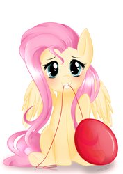 Size: 2480x3507 | Tagged: safe, artist:chokico, fluttershy, g4, balloon, blushing, cute, female, grin, looking at you, mouth hold, raised hoof, shyabetes, simple background, smiling, solo, spread wings, squee, underhoof, white background