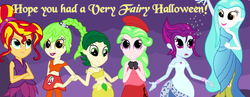 Size: 1280x498 | Tagged: safe, artist:violetclm, cherry crash, drama letter, mystery mint, paisley, sunset shimmer, sweet leaf, watermelody, fairy, fawn, equestria girls, g4, background human, belly button, beret, clothes, costume, disney, disney fairies, dress, fawn (disney), halloween, iridessa, midriff, periwinkle (disney fairies), pixie dust, rosetta (disney), shimmer six, silvermist, skirt, vidia