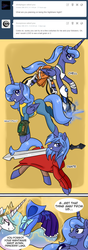 Size: 648x1850 | Tagged: safe, artist:pijinpyon, princess celestia, princess luna, alicorn, pony, ask little luna, g4, alternate hairstyle, chell, clothes, comic, costume, dante (devil may cry), devil may cry, devil may cry 3, dress, fallout, nightmare night, portal (valve), s1 luna, sword, tumblr