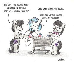 Size: 974x820 | Tagged: safe, artist:bobthedalek, dj pon-3, octavia melody, vinyl scratch, oc, oc:mixed melody, oc:octavia's mother, earth pony, pony, unicorn, g4, backwards cutie mark, chocolate, female, scrunchy face, shopping, shopping cart