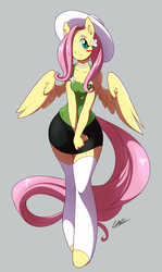 Size: 700x1173 | Tagged: safe, artist:chalodillo, fluttershy, anthro, g4, ambiguous facial structure, clothes, female, gray background, hat, simple background, skirt, socks, solo, sun hat, thigh highs, tube skirt, zettai ryouiki