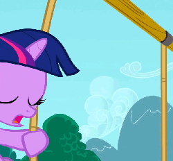 Size: 581x540 | Tagged: safe, screencap, twilight sparkle, pony, a canterlot wedding, g4, animated, cropped, female, filly, filly twilight sparkle, loop, solo, swing, swinging, talking, younger