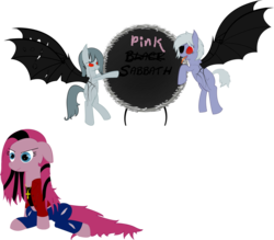 Size: 956x836 | Tagged: safe, artist:raven-kipper, pinkie pie, bat pony, pony, zombie, g4, black sabbath, clothes, cross, drums, dyed hair, jacket, jeans, metal, musical instrument, necklace, pants, parody, pinkamena diane pie, ripped jeans, simple background, transparent background