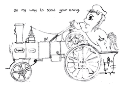 Size: 2353x1632 | Tagged: artist needed, source needed, safe, oc, oc only, oc:pit pone, horse, coal, driving, fat, flat cap, gravy, gravy boat, hat, mine, mining, pit pony, steam engine, traction engine