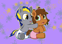 Size: 1248x883 | Tagged: safe, artist:artiecanvas, oc, oc only, oc:emerald rush, oc:stargrazer, pony, baby, baby pony, diaper, foal, poofy diaper