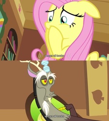 Size: 640x710 | Tagged: safe, screencap, discord, fluttershy, g4, keep calm and flutter on, meme, youtube caption