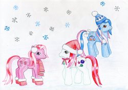 Size: 1024x722 | Tagged: safe, artist:normaleeinsane, marshmellow coco (g3), mistletoe (g3), snow'el, earth pony, pony, g3, boots, bow, christmas, clothes, earmuffs, female, hat, holiday, mare, neck bow, santa hat, scarf, snow, snowfall, socks, striped scarf, tail, tail bow, traditional art, trio, trio female