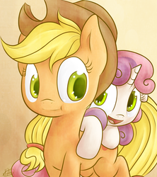 Size: 1600x1800 | Tagged: safe, artist:spikedmauler, applejack, sweetie belle, earth pony, pony, unicorn, g4, :t, duo