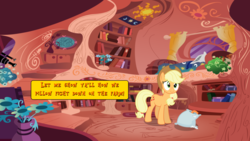Size: 1280x720 | Tagged: safe, applejack, g4, female, golden oaks library, horse shoes, horseshoes, library, solo