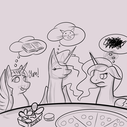 Size: 1500x1500 | Tagged: safe, artist:aeonocean, princess celestia, princess luna, twilight sparkle, g4, food, meat, monochrome, pepperoni, pepperoni pizza, pizza, wings