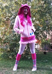 Size: 1280x1808 | Tagged: safe, artist:cleighcreations, pinkie pie, human, g4, clothes, converse, cosplay, craft, cutie mark, hoodie, irl, irl human, photo, solo