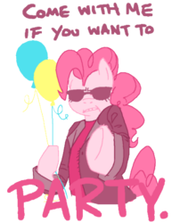 Size: 400x494 | Tagged: artist needed, safe, pinkie pie, earth pony, pony, semi-anthro, g4, arnold schwarzenegger, balloon, clothes, dialogue, female, glasses, mare, parody, party, simple background, solo, suit, sunglasses, terminator, transparent background