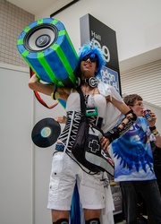 Size: 1476x2048 | Tagged: safe, artist:phillarkm, dj pon-3, vinyl scratch, human, g4, bass cannon, convention, cosplay, irl, irl human, london mcm expo, photo, weapon