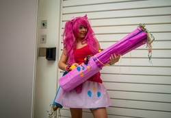 Size: 2048x1410 | Tagged: artist needed, safe, pinkie pie, human, g4, cosplay, irl, irl human, london mcm expo, partillery, party cannon, photo, solo