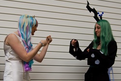 Size: 2048x1375 | Tagged: safe, princess celestia, queen chrysalis, human, g4, cosplay, irl, irl human, photo