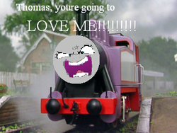 Size: 320x240 | Tagged: safe, artist:thebluev3, fluttershy, g4, dialogue, female, implied male, implied shipping, locomotive, looking at you, photoshop, rosie the little purple engine, solo, steam locomotive, talking to viewer, this will end in steam, thomas the tank engine, train, train station, wat, yelling, you're going to love me