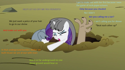 Size: 900x508 | Tagged: safe, artist:thebluev3, edit, edited screencap, screencap, rarity, diamond dog, pony, a dog and pony show, g4, my little pony: friendship is magic, female, implied kissing, mare, text, this will end in rape, wat, wtf