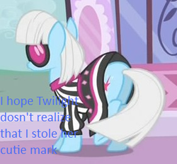 Size: 281x261 | Tagged: safe, artist:thebluev3, edit, edited screencap, screencap, photo finish, g4, green isn't your color, my little pony: friendship is magic, animation error, butt, cropped, cutie mark thief, female, in-joke, joke, plot, solo, text