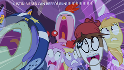 Size: 640x360 | Tagged: dead source, safe, edit, edited screencap, screencap, alula, dinky hooves, noi, pinkie pie, pipsqueak, piña colada, pluto, chicken, earth pony, pony, g4, luna eclipsed, season 2, colt, filly, horror, justin bieber, male, nightmare night, princess noi, text, wat, wtf