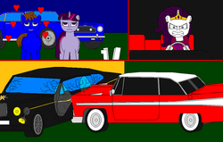 Size: 900x573 | Tagged: safe, artist:thebluev3, rarity, twilight sparkle, oc, g4, 1000 hours in ms paint, angry, car, clothes, comic, dress, gala dress, heart, limousine, ms paint, wat, wtf