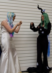 Size: 1149x1600 | Tagged: safe, princess celestia, queen chrysalis, human, g4, cosplay, irl, irl human, london mcm expo, london mcm oct 2012 expo, photo