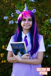 Size: 1424x2136 | Tagged: safe, twilight sparkle, human, g4, book, clothes, cosplay, irl, irl human, modix 2013, necktie, photo, solo, vest