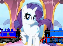 Size: 478x351 | Tagged: safe, artist:thebluev3, rarity, g4, 1000 hours in ms paint, carousel boutique, father ted, female, ms paint, pose, solo, thomas the tank engine, train, wat, wtf