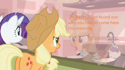 Size: 640x360 | Tagged: safe, screencap, applejack, rarity, shining star, treasure (g4), baby cakes, g4, my little pony: friendship is magic, filly, foal, hub logo, self ponidox, text, wat