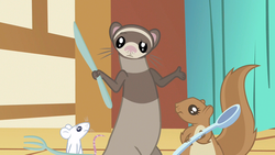 Size: 1280x720 | Tagged: safe, screencap, ferret, mouse, squirrel, g4, magical mystery cure, fork, knife, shrug, spoon