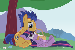 Size: 1050x700 | Tagged: safe, artist:dm29, flash sentry, twilight sparkle, alicorn, pony, g4, backwards cutie mark, basket, cute, diasentres, duo, eye contact, female, head on lap, julian yeo is trying to murder us, male, mare, on back, picnic, picnic basket, ship:flashlight, shipping, sitting, smiling, straight, tree, twiabetes, twilight sparkle (alicorn), under the tree