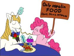 Size: 800x600 | Tagged: safe, artist:lycanianspike, pinkie pie, prince blueblood, g4, blueabuse, noodles, pasta, spaghetti, table