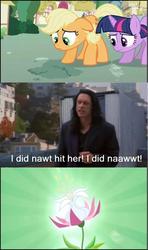 Size: 608x1024 | Tagged: safe, applejack, twilight sparkle, g4, exploitable meme, hub logo, implied seeds of truth, meme, the room, tommy wiseau, truth blossom, truth meme