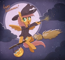 Size: 709x651 | Tagged: safe, artist:tsurime, oc, oc only, pegasus, pony, backlighting, broom, candy, clothes, cloud, cloudy, female, flying, flying broomstick, full moon, halloween, hat, looking back, mare, moon, night, night sky, open mouth, sitting, smiling, solo, sparkles, spread wings, wand, witch, witch hat
