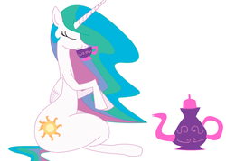 Size: 936x670 | Tagged: safe, princess celestia, alicorn, pony, g4, animated at source, belly, female, mare, scrunchy face, smirk, solo, tea