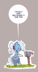 Size: 425x799 | Tagged: safe, artist:herny, trixie, pony, g4, alternate hairstyle, bipedal, dialogue, female, letter, mailbox, ponytail, solo, speech bubble, vertical